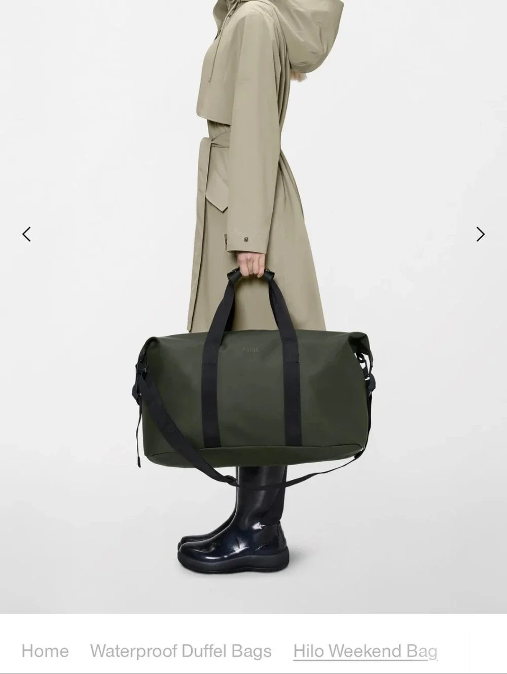 Rains Olive Green Waterfroof Duffel Bag with Black Straps